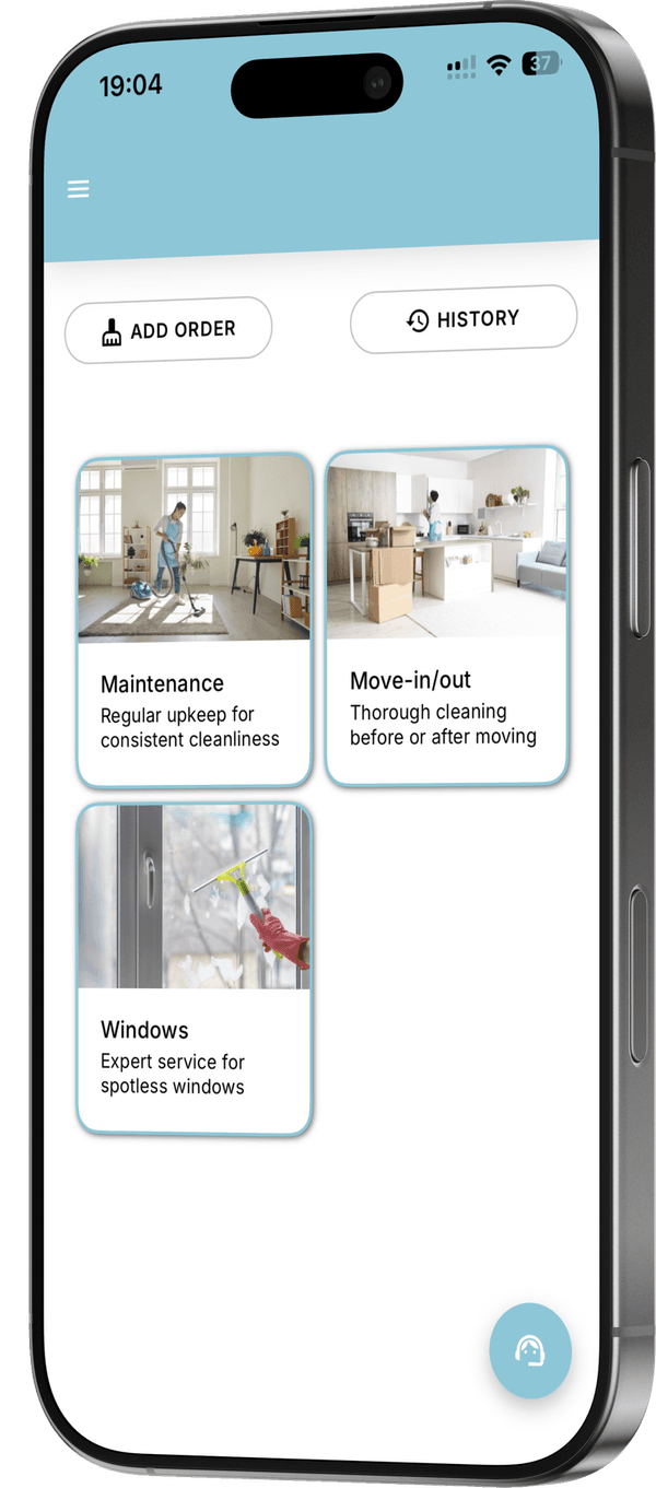 WiseClean mobile app showing cleaning service categories