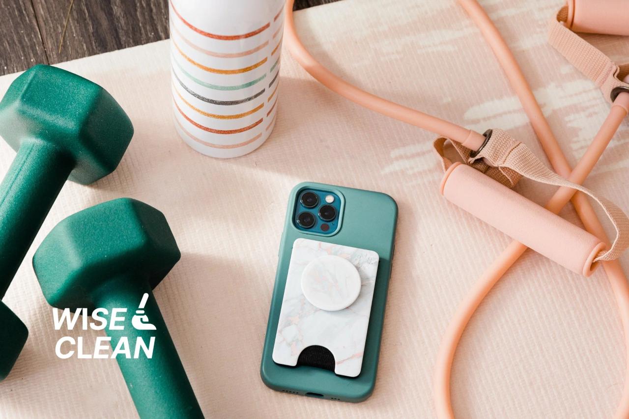 WiseClean – Workout essentials with dumbbells, phone, water bottle, and jump rope on a yoga mat