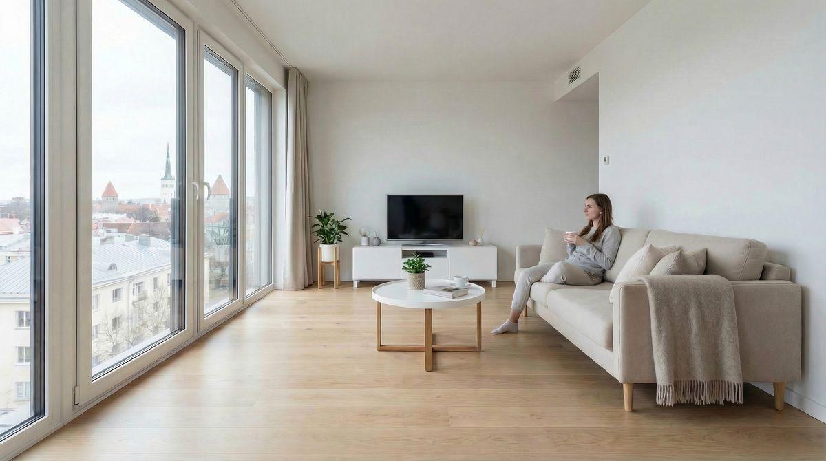 Person relaxing at home in a clean apartment in Tallinn