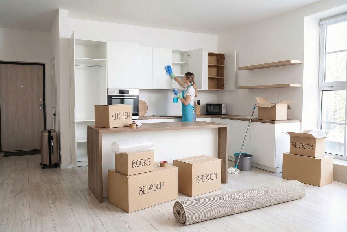 Cleaner wiping kitchen cabinets surrounded by moving boxes